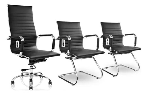 Kit 3 Cadeiras 1 Presidente + 2 Interlocutor Fixa Preto C33.1 VELVE