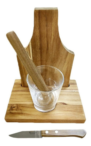 Kit Caipirinha Em Madeira + Tabua Com Garfo, Faca E Pegador