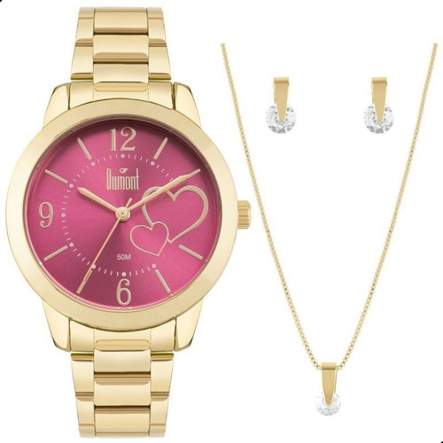 Relógio Feminino Dumont Dourado Rosa Analógico Colar Brincos