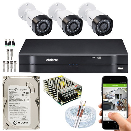 Kit 3 Câmeras Intelbras 1120 B G4 Hd 20 Metros Dvr 4 Canai