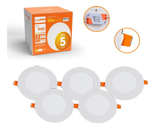 Kit 5 Uni Painel Slim Led Plafon 12w Embutir Ø17 Redondo