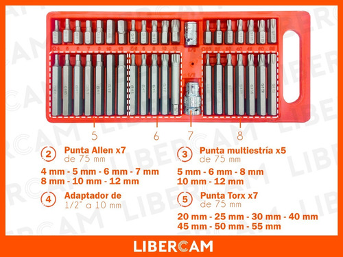 Imagen 8 de 10 de Set Kit Puntas Torx Hexagonal Estriada 41 Piezas Acero Cromo