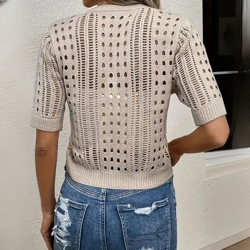 Women's Solid Color Casual Hollow-out Short Sleeve Cardigan