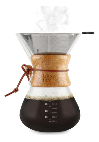 CASA LITUS Cafetera tipo Chemex Grande de 800 ml con Filtro Reutilizable de Acero Inoxidable, Cafetera de Goteo Pour Over de Vidrio Borosilicato para Café Molido con Agarradera de Bambú, Rinde 4 Tazas