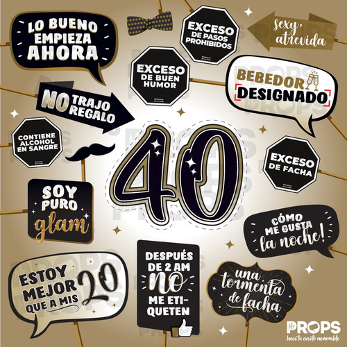 Props Cumple 40 Años + Kit Carteles Excesos Para Imprimir