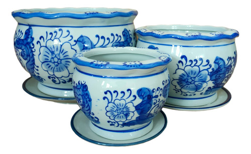 Set De 3 Macetas Pequeñas Porcelana Azul-blanca Oriental Con