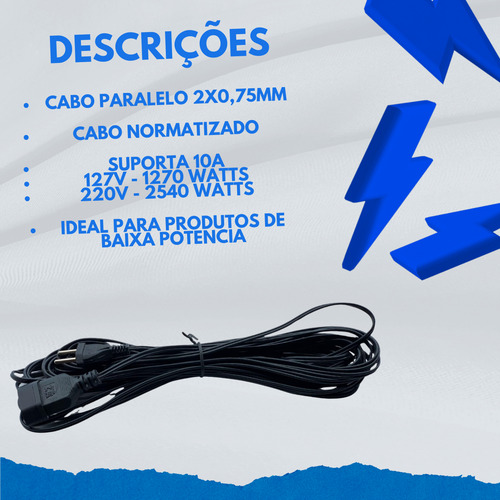 Cabo Prolongador Extensão Eletrica 5 Metros Bipolar 2x0,75mm Normatizado Inmetro