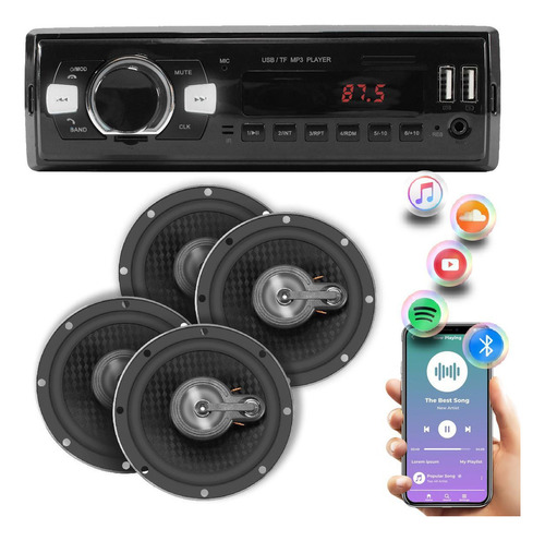 Kit Som Automotivo Rádio Bluetooth + 4x Alto Falante 6 Pol