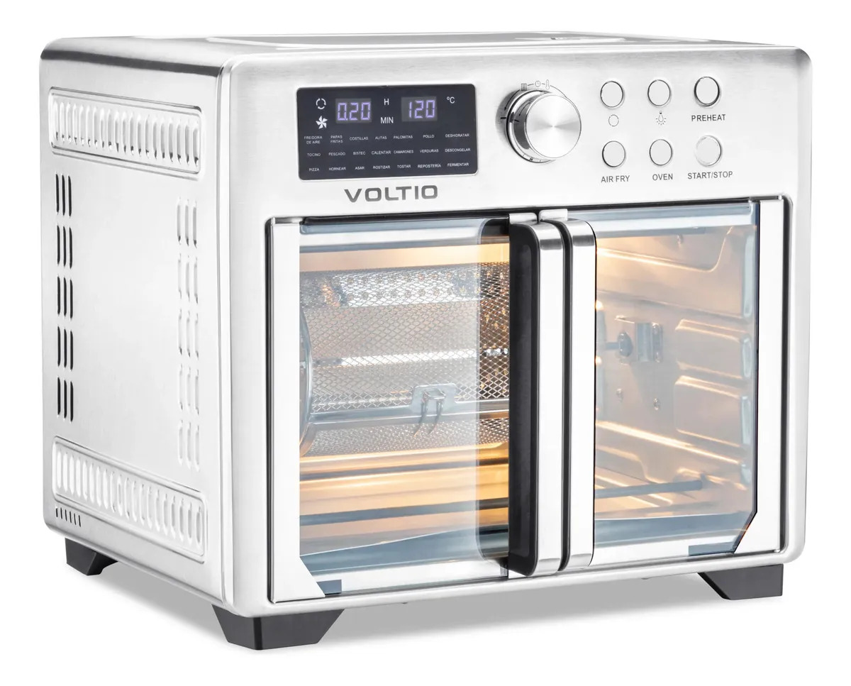 Horno Freidora de Aire Eléctrico 25 L, 21 Funciones, Voltio con Rostizador, Cesta Freír y Accesorios