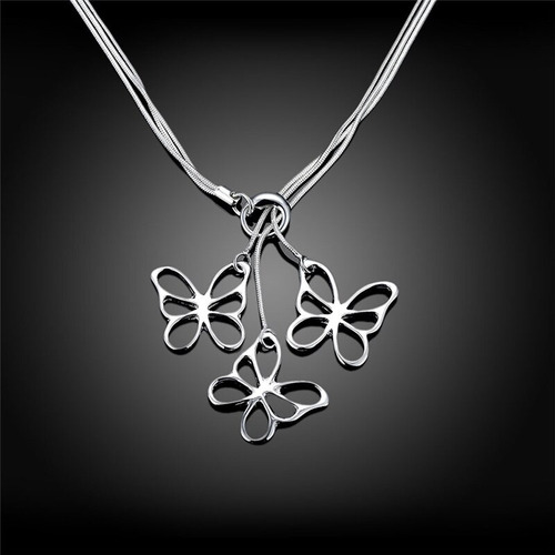 Collar Tres Cadenas De Serpientes Dije De Mariposas - Plata