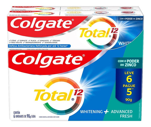 Kit creme dental Colgate Total 12 Whitening e Advanced Fresh com 6 unidades de 90g cada 