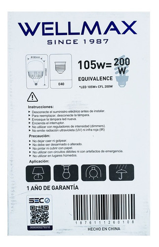 Imagen 4 de 6 de Ampolleta Led Alta Potencia 105w Luz Fría 11500 Lumenes