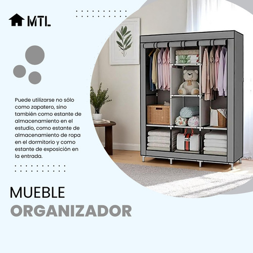 ARMARIO PORTATIL ORGANIZADOR De ROPA PLEGABLE MTL Color Gris Con ESTANTES POLIESTER ANTIHUMEDAD FACIL ARMADO RESISTENTE GUARDARROPA CLOSET PERCHERO HOGAR