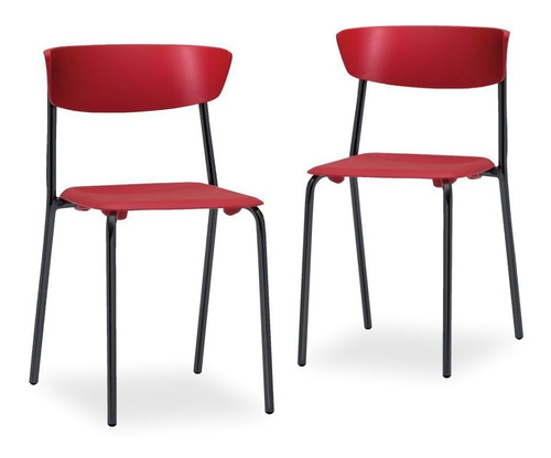 Kit 02 Cadeiras Fixa Base Preta Empilhável Bit Vermelho