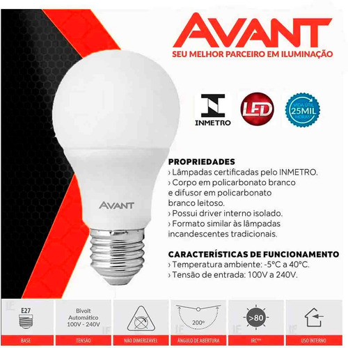 Lampada Led Formato Pera 9w Luz Branca 6500k Avant Bivolt