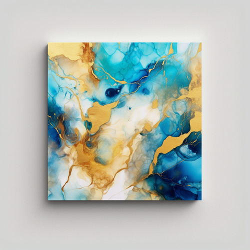 60x60cm Cuadro Abstracto Acuarela Azul Oro Bastidor Madera