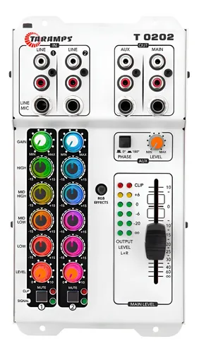 Mesa De Som Taramps T0202 Multicolor LED RGB Som Automotivo Equalizador 2 canais entradas 2 saídas 4 bandas equalizacao low, mid low, mid high, high e gain Phase Branca musicos produtores