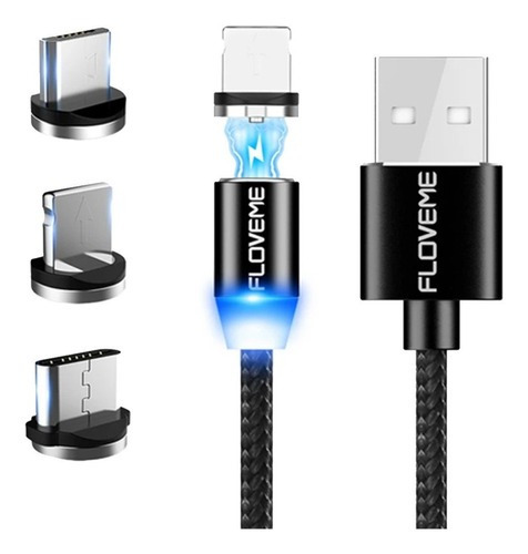 Cable cargador USB magnético 3 en 1 tipo C/LED para iOS y Android, color negro
