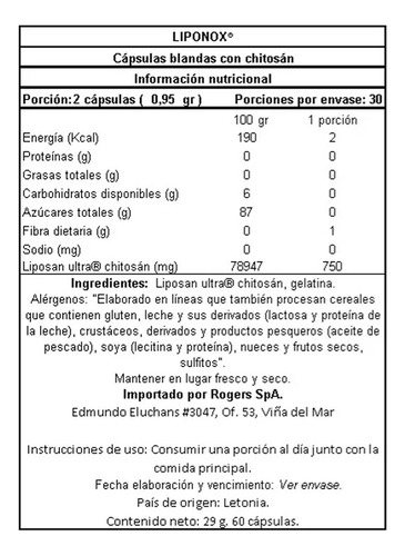 Liponox Fat Binder 60cap Captador De Grasa Sin Sabor