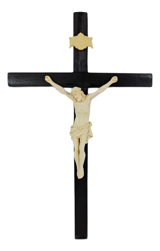 Imagem 1 de 3 de Crucifixo Tradicional 36cm Madeira Imagem Resina Cor Marfim