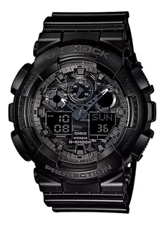 Reloj pulsera Casio G-Shock GA-100 de cuerpo color negro, analógico-digital, para hombre, fondo camuflado gris, con correa de resina color negro, agujas color azul y blanco, dial gris, subesferas colo