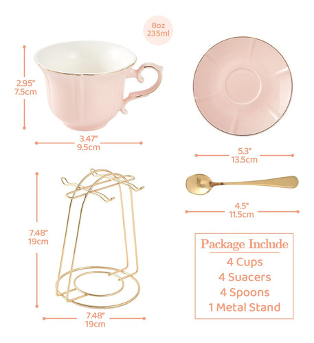 Conjunto De Tazas De Té Y Platillos De Dujust De 4 (8 Oz), T