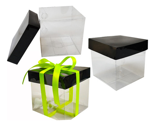 25 Cajas Acetato Base Transparente 10x10x10 Cm C/ Tapa Negra