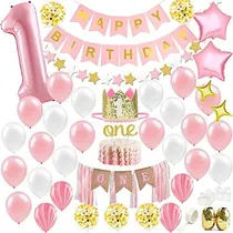 Comprar Decoración 1er Cumpleaños Niña - Rosa Dorado - Banner Feliz Cumpleaños, Globo Número 1, Corona, Arco Globos, Bandera Silla Alta, Top