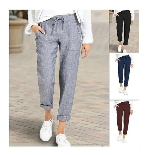 Pantalones De Lino De Algodón De Mujer Con Cintura Elástica