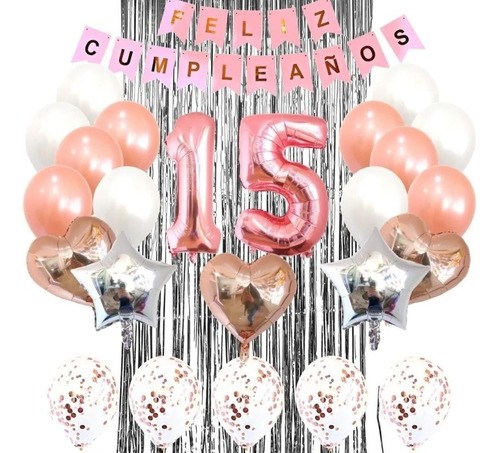 Kit Decoración Feliz Cumpleaño Bombas Plata Oro Rosa+cortina