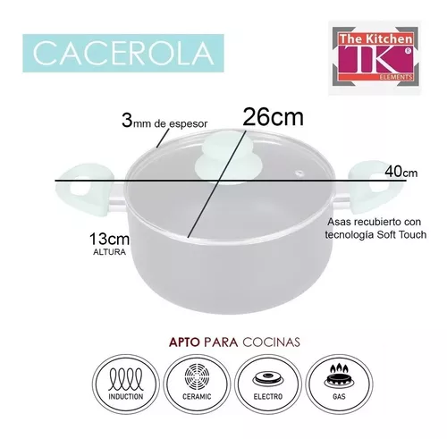 Cacerola Olla Aluminio 3mm 26cm Teflon C/asas Tapa Vidrio