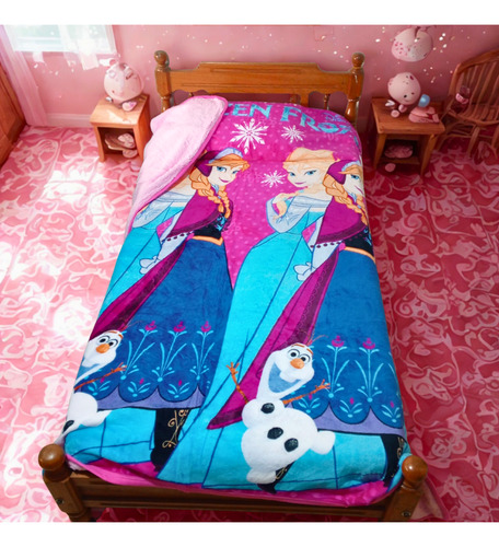 Frazada Infantil Personajes Plush Y Corderito 1 1/2 Plaza Frozen Rosa