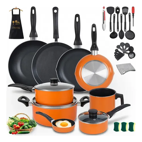 Batería De Cocina Susassy Con Antiadherente De 34 Piezas Para Gas Naranja