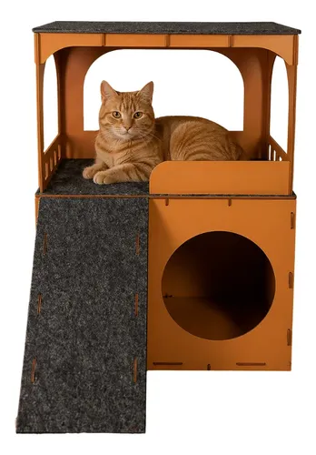 Torre Casinha Para Gatos Em Mdf Dois Andares  Cor Caramelo Marrom