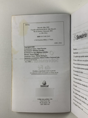 Livro O Poder Sobrenatural Da Fé Bispo Macedo 6ª Edição Editora Gráfica Universal Ltda - D7