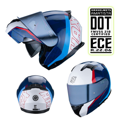 Hax Helmets. Casco Moto Abatible Dot + Ece 06. Amatista Wind Color Azul/blanco/rojo Tamaño Del Casco S - Chico