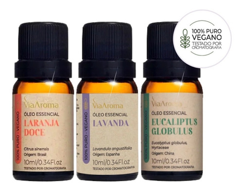 Oleo Essencial Puro Kit com 3 Puro Lavanda Eucalipto Laranja Doce Vegano Natural para Difusores Aromaterapia