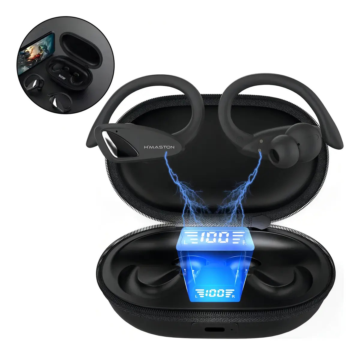 Fone De Ouvido H'maston Bluetooth 5.3 Sem Fio Tws Esportivo Tipo Gancho Cor Preto Compatível C/ iPhone E Android RS53