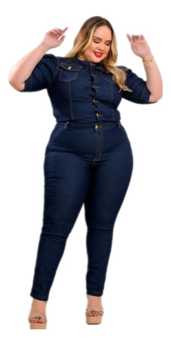 Macacão Longo Plus Size Jean Feminino Super Estiloso E Botõe