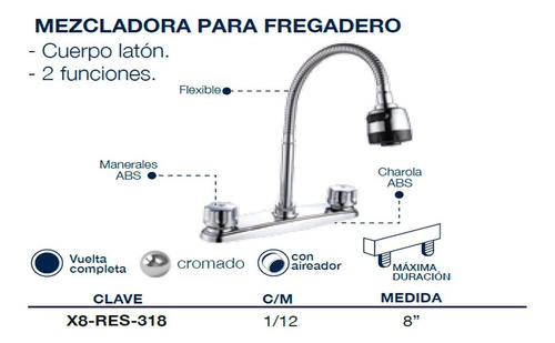 Imagen 2 de 3 de Llave Mezcladora Fregadero O Tarja Cocina Flexible 8 Pul
