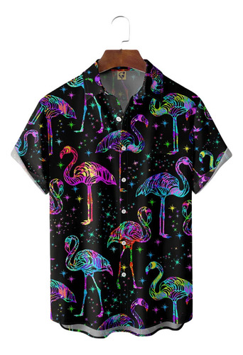 Hjb Camisa Hawaiana Unisex Flamingo Neon, Camisa De Playa