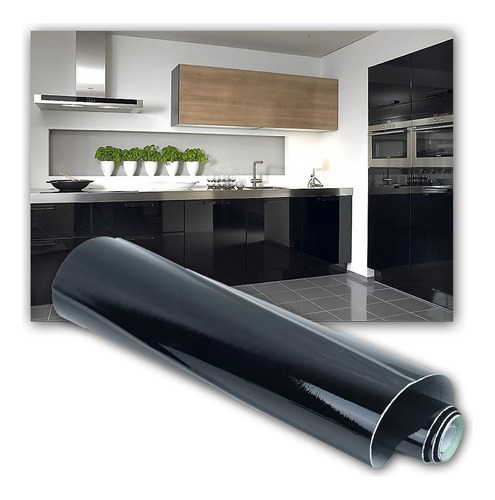 Vinilo Negro Brillante Decoración Cocina Alacenas 1.26m X 5m