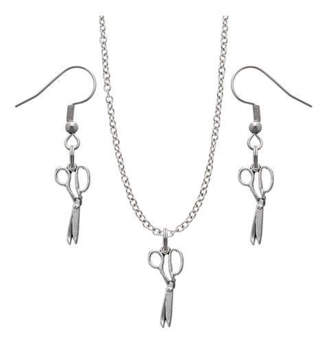 Kit Collar Y Aretes Herramientas Regalo Dije Cadena Acero Plateado Tijeras