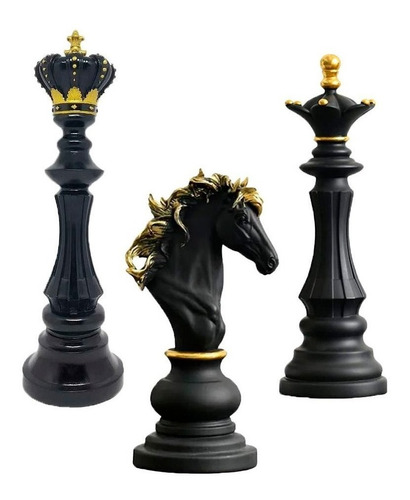 Decoração Peças De Xadrez Preto Rei Rainha E Cavalo Média
