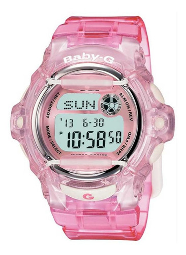 Reloj de pulsera Casio Baby-G BG-169 de cuerpo color rosa, digital, para mujer, fondo rosa, con correa de resina color rosa, dial negro, subesferas color gris y negro, minutero/segundero negro, bisel color rosa transparente, luz ámbar y hebilla simple