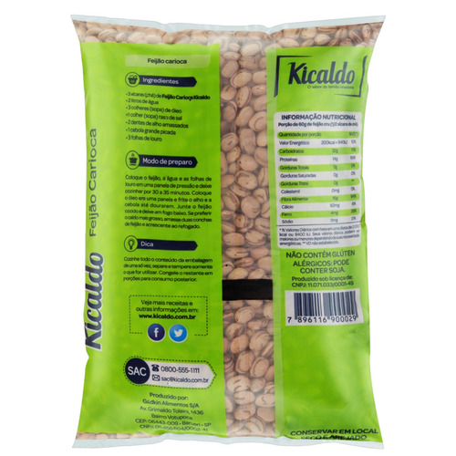 Imagem 4 de 4 de Feijão carioca cores Kicaldo em pacote sem glúten 1 kg