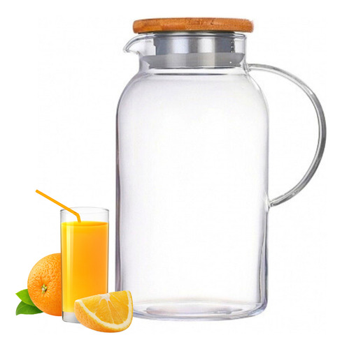 Jarra De Suco Água Em Vidro Resistente Com Tampa Bambu 1,8 L