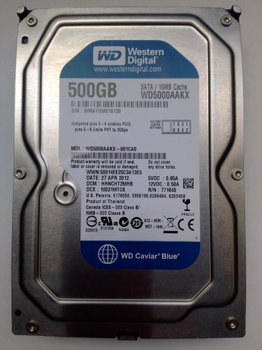 Disco Duro 500gb Wd5000aakx Western Digital 3.5¨ Para Pc    