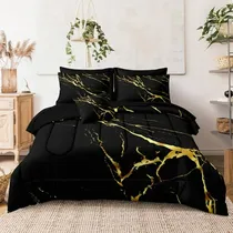 Comprar Conjunto De Ropa De Cama King Size 8 Pzs Mármol Negro Dorado