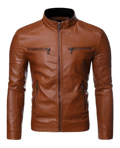 Chaqueta Cuero Pu Cremallera Y Rayas Cuello Levantado Hombre